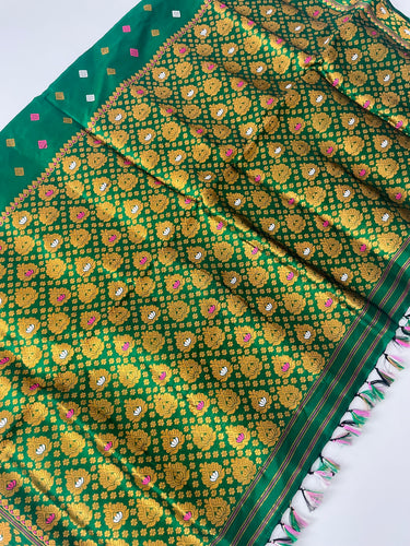 Assam Pat Mulberry Silk Saree | Green | Gold Zari | Handwoven | Silk Mark Certified | Ships from California